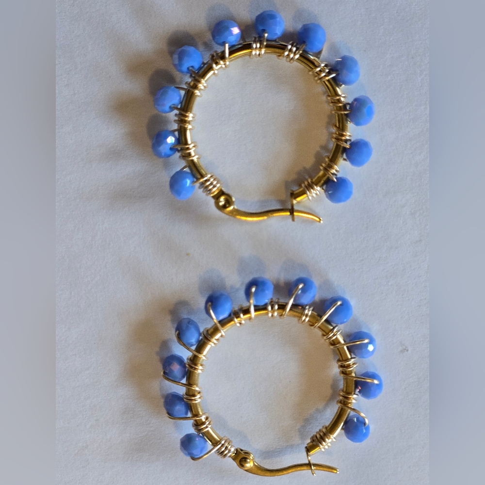 Gold and Blue Beaded Hoop Earrings